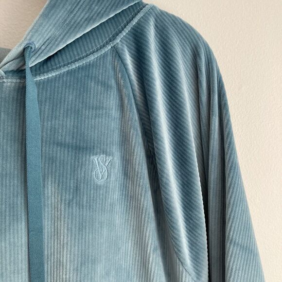Victoria's Secret On Point Ribbed Velour Cropped Velvet Hoodie Blue Size Large - Picture 2 of 9